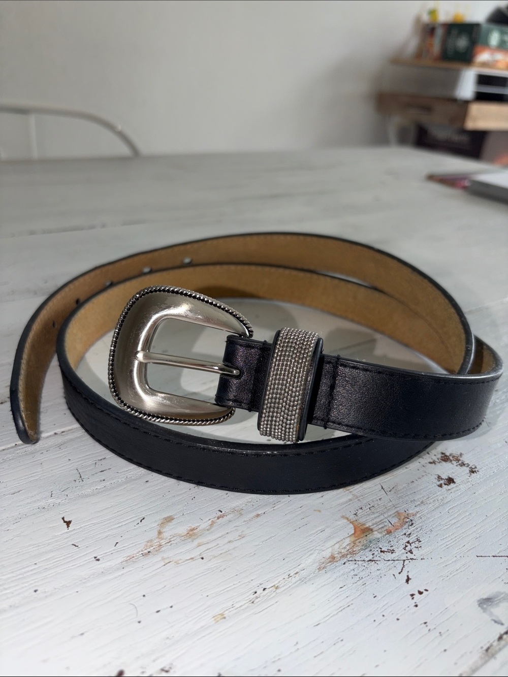 Vintage 1996 like new medium Black Leather Belt with Silver Buckle